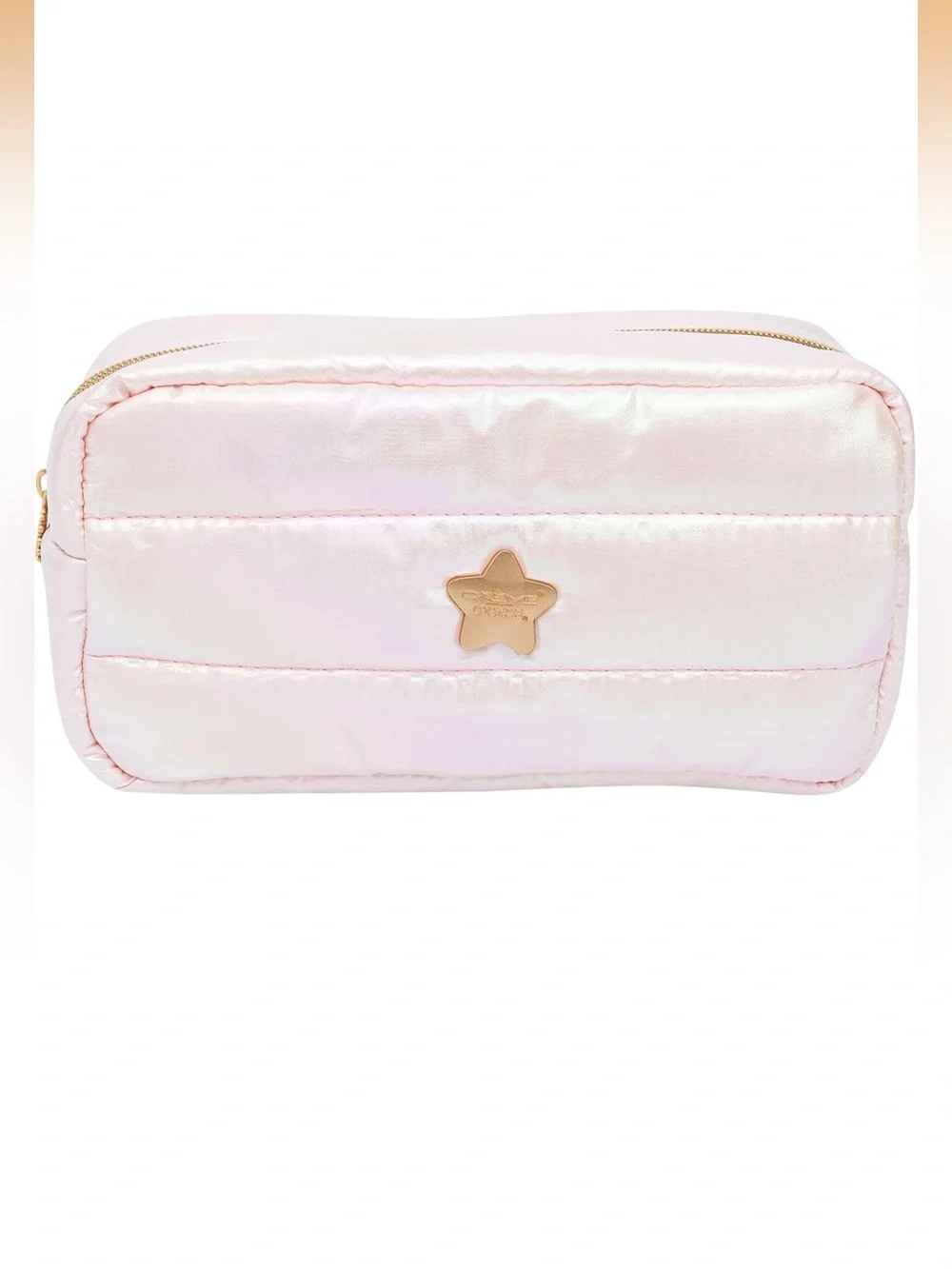 Iridescent Pink Quilted Cosmetic Pouch with Gold Star Accent